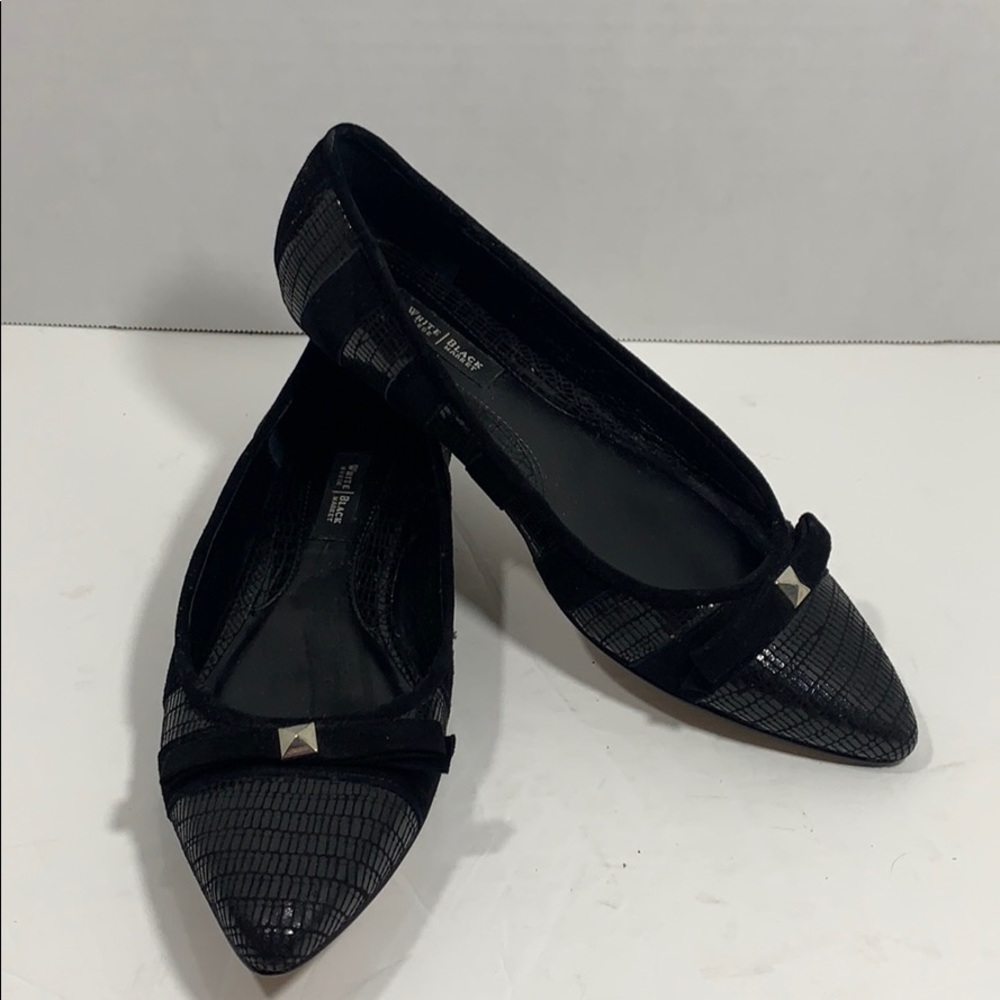 WHBM “Lena” mixed print black leather flats size 7